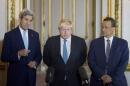 US Secretary of State John Kerry, British Foreign Secretary Boris Johnson and UN Special Envoy for Yemen Ismail Ould Cheikh Ahmed make a joint statement at Lancaster House, in London