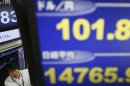 A employee of foreign exchange trading company is seen between monitors displaying Japanese yen's exchange rate against U.S. dollar and Nikkei share average in Tokyo