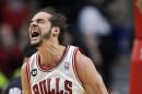 Chicago Bulls Joakim Noah reacts after being fouled by Miami Heat's Greg Oden during the first half of an NBA basketball game in Chicago, Sunday, March 9, 2014. (AP Photo/ Paul Beaty)