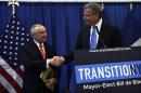 Blasio shakes hands with Bratton during a news conference in Brooklyn