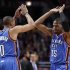 Thunder point guard Westbrook and Durant celebrates after a made basket against the Chicago Bulls during the first second of their NBA basketball game in Chicago