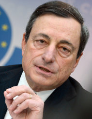 <p>               President of the European Central Bank, ECB, Mario Draghi speaks during a news conference at their headquarters in Frankfurt, central Germany, Thursday, March 7, 2013. The European Central Bank has left its benchmark interest rate unchanged at a record low of 0.75 percent, holding off on further stimulus even though the euro area remains stuck in recession. The decision came Thursday at a meeting of the bank's 23-member governing council at its headquarters in Frankfurt. (AP Photo/dpa, Arne Dedert)