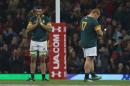 South Africa's Nizaam Carr and Steven Kitshoff (R) react to their loss after the rugby union test match against Wales November 26, 2016