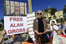 July Gross speaks at a rally for her husband jailed in Cuba in West Palm Beach, Florida