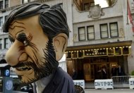 An Iran 180 demonstrater stands outside New York's Warwick Hotel on September 24, to protest about its guest, Iranian President Mahmoud Ahmadinejad. Ahmadinejad is to address the UN General Assembly, a day after the United States vowed to stop Tehran from getting a nuclear weapon