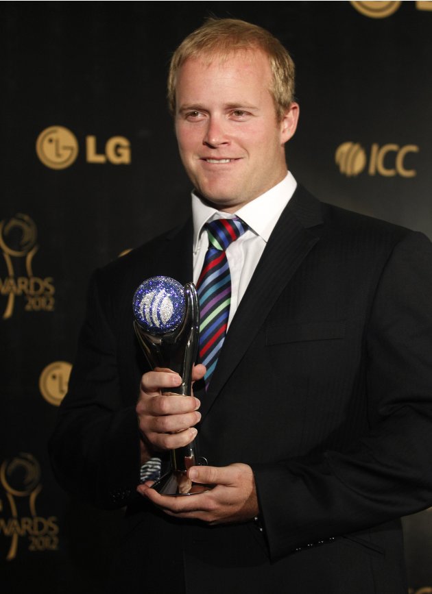 South Africa's Levi, winner of the ICC's Twenty20 International Performance of the Year award, poses with the trophy during the ICC Awards in Colombo