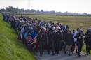 Migrants ere escorted by police after crossing from Croatia, in Dobova, near a border crossing between Croatia and Slovenia Tuesday, Oct. 20, 2015. Slovenia accused Croatia on Tuesday of sending thousands of migrants toward its borders "without control," ignoring requests to contain the surge, and urged the rest of the European Union to get involved in solving the crisis. (AP Photo/Darko Bandic)