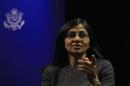 Biswal, U.S. assistant secretary for South and Central Asian Affairs, gestures during a news conference in Colombo