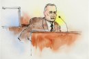 Aurora Police Detective Matthew Ingui is pictured in a courtroom sketch testifying in Centennial