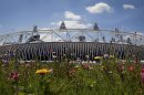 The Olympic Stadium is visible beyound an installation of artificial wildflowers in the Olympic Park at the 2012 London Summer Olympics, Sunday, July 22, 2012, in London. The opening ceremonies of the Olympic Games are scheduled for Friday, July 27. (AP Photo/Ben Curtis)