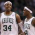 Boston Celtics' Pierce celebrates with Rondo during Game 4 of their Eastern Conference Finals NBA basketball playoffs against the Miami Heat in Boston