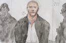 This court drawing made on June 26, 2014, shows Mehdi Nemmouche (C), the 29-year-old suspected gunman in a quadruple murder at the Brussels Jewish Museum, during a court hearing in Versailles, France