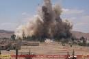 An image made available by Jihadist media outlet Welayat Homs on May 30, 2015, allegedly shows the Tadmur prison in the Syrian city of Palmyra being blown up by Islamic State group jihadists