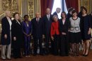 Italian President Napolitano and PM Letta pose for a family photo with newly sworn ministers at Quirinale palace in Rome
