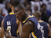 Indiana Pacers guard Darren Collison (2) hugs guard George Hill (3) after the Pacers defeated the Miami Heat 78-75 during Game 2 in an NBA basketball Eastern Conference semifinal playoff series, Tuesday, May 15, 2012, in Miami. (AP Photo/Wilfredo Lee)