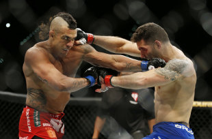 Chris Weidman (R) and Vitor Belfort trade blows during their title fight at UFC 187. (AP)