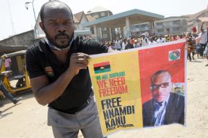 A pro-Biafra supporter holds a poster of jailed activist&nbsp;&hellip;