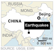 Map shows the location of a series of earthquakes that hit rural southwestern China;