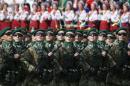 Border guards march during Ukraine's Independence Day military parade, in the centre of Kiev