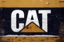 The CAT logo is seen on back of a Caterpillar excavator machine at a work site in Detroit