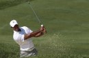 Tiger Woods of the U.S. chips out of the sand on the 16th hole during the first round of the Memorial Tournament at Muirfield Village Golf Club in Dublin