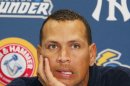 FILE - In this Aug. 2, 2013, file photo, New York Yankees' Alex Rodriguez answers questions from reporters during a news conference following a Class AA baseball game with the Trenton Thunder against the Reading Phillies, in Trenton, N.J. Three MVP awards, 14 All-Star selections, two record-setting contracts and countless controversies later, A-Rod is the biggest and wealthiest target of an investigation into performance-enhancing drugs, with a decision from baseball Commissioner Bud Selig expected on Monday, Aug. 5, 2013. (AP Photo/Tom Mihalek, File)
