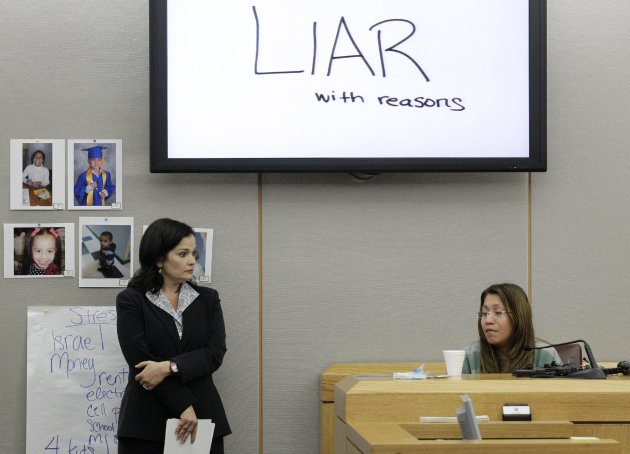 FILE - In a Thursday, Oct. 11, 2012 file photo, the words shown on a overhead display written by prosecutor Eren Price, left, are shown in court as an emotional Elizabeth Escalona, 23, responds to a line of questioning during the sentencing phase of her trial Thursday, Oct. 11, 2012, in Dallas. Escalona was sentenced Friday, Oct. 12, 2012 to 99 years in prison for beating her toddler and gluing the child's hands to a wall. (AP Photo/Tony Gutierrez, File)