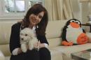 Argentine President Fernandez poses with her dog at the Olivos Presidential residence in Buenos Aires