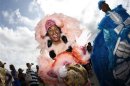 A Mardi Gras Indian parades during the New Orleans Jazz and Heritage Festival in New Orleans