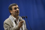 Iranian President Mahmoud Ahmadinejad delivers a speech at Tehran University. Ahmadinejad told an annual anti-Israel protest in Tehran on Friday that the Jewish state was a "cancerous tumour" that will soon be excised, drawing a strong US rebuke. (AFP Photo/Behrouz Mehri)