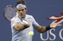 Juan Martin Del Potro of Argentina returns a forehand to Lleyton Hewitt of Australia at the U.S. Open tennis championships in New York