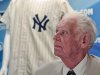 FILE - In this June 28, 2012, file photo, New York Yankees great Don Larsen reacts during a news conference announcing the auction of his 1956 perfect game uniform in New York. Larsen is auctioning off the Yankee pinstripes he wore in 1956 when he pitched the only perfect game in World Series history, and will use the proceeds to pay college tuition for his grandchildren, one in college and the other a high school freshman. (AP Photo/Bebeto Matthews, File)