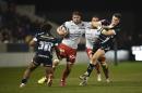 RC Toulon's Duane Vermeulen (C) vies with Sale Sharks' fly-half Sam James (R) during the European Rugby Champions Cup rugby union round 2 match in Barton-upon-Irwell, Salford, northwest England on Octobe 21, 2016