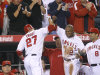 Los Angeles Angels' Mike Trout, left, and Erick Aybar celebrate Trout's home run against the Los Angeles Dodgers in the fourth inning of a baseball game in Anaheim, Calif., Friday, June 22, 2012. (AP Photo/Jae C. Hong)