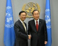 Chinese foreign minister Yang Jiechi, pictured left with UN chief Ban Ki-Moon at UN headquarters on September 24. China has accused Japan of a "severe infringement" on its sovereignty in tense talks at the UN