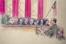 CORRECTS POSITION OF PAUL CLEMENT TO SECOND RIGHT INSTEAD OF SECOND LEFT - This artist rendering shows Paul Clement, standing second right, with Solicitor General Donald B. Verrilli Jr. seated, right, addresses the Supreme Court in Washington, Wednesday, March 27, 2013, as the court heard arguments on the Defense of Marriage Act (DOMA) case. Justices, from left are, Sonia Sotomayor, Stephen Breyer, Clarence Thomas, Antonin Scalia, Chief Justice John Roberts, and Justices Anthony Kennedy, Ruth Bader Ginsburg, Samuel Alito and Elena Kagan. (AP Photo/Dana Verkouteren)