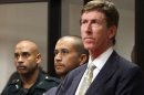 FILE - George Zimmerman, center, stands with his attorney Mark O'Mara, right, and a Seminole County Deputy during a court hearing in this April 12, 2012 file photo taken in Sanford, Fla. Attorneys for the former neighborhood watch volunteer charged with shooting Trayvon Martin to death on Wednesday Jan. 30, 2013 asked for more time to prepare his case, saying prosecutors had been slow to turn over evidence. (AP Photo/Gary W. Green, Orlando Sentinel, Pool, File)