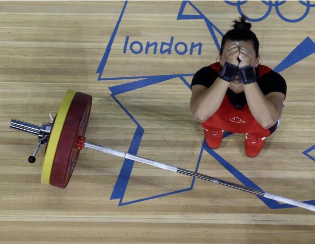 Christine Girard of Canada reacts while competing in the women's 63-kg weightlifting competition at the 2012 Summer Olympics, Tuesday, July 31, 2012, in London. (AP Photo/Ng Han Guan)