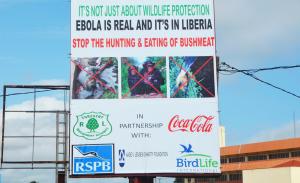 An Ebola information billboard is displayed near the …