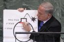 Prime Minister of Israel Netanyahu draws red line on graphic of bomb as he addresses 67th United Nations General Assembly in New York