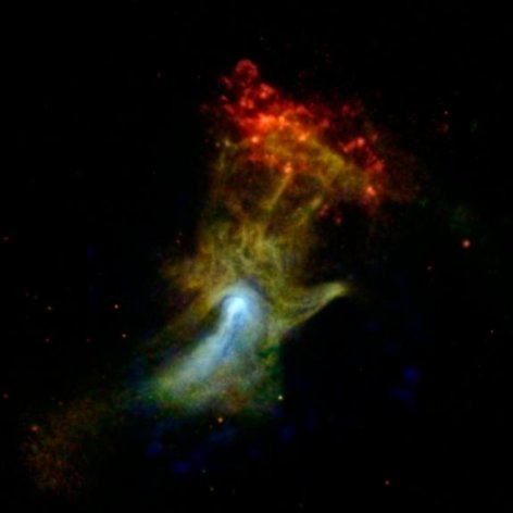 The hand might look like an X-ray from the doctor's office, but it is actually a cloud of material ejected from a star that exploded. NASA's NuSTAR spacecraft has imaged the structure in high-energy X-rays for the first time, shown in blue. Low