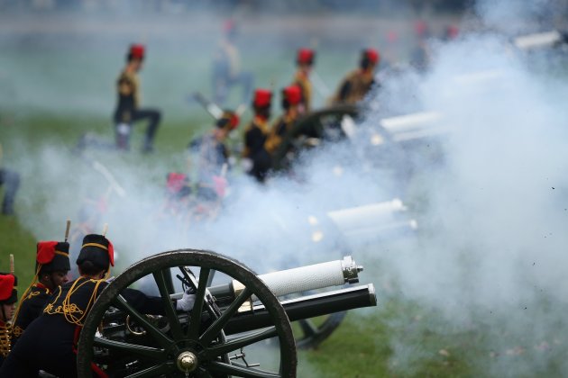 The King's Troop, Royal Horse Artillery fire                        a 41-gun salute in Green Park to mark the 61st                        anniversary of the Queen's accession to the throne                        (Photo by Dan Kitwood/Getty Images)