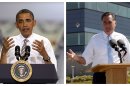 This combination of Associated Press file photos shows from left, President Obama speaking at the TPI Composites Factory, a manufacturer of wind turbine blades on May 24, 2012, in Newton, Iowa, and Republican presidential candidate, former Massachusetts Gov. Mitt Romney speaking at the Solyndra manufacturing facility on May 31, 2012, in Fremont, Calif. The weak May unemployment report released Friday, June 1, 2012, presents President Barack Obama with a sobering reminder that his stewardship of a gradual recovery from the deepest recession since the Great Depression presents a tenuous argument for his re-election. However anemic job growth and an uptick in joblessness to 8.2 percent give new resonance to Republican presidential rival Mitt Romney's campaign. (AP Photo/Charlie Neibergall, Mary Altaffer. File)