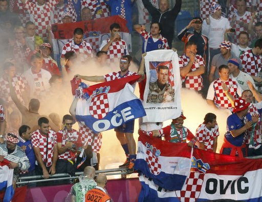 Croatia's fans celebrate their first goal against Ireland during their Group C Euro 2012 soccer match in Poznan