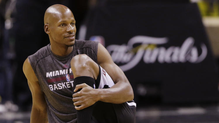 Miami Heat guard Ray Allen warms up during basketball practice on Wednesday, June 4, 2014 in San Antonio. They play Game 1 of the NBA Finals against the San Antonio Spurs on Thursday