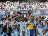 Manchester City team celebrate winning the English Premier League following their soccer match against Queens Park Rangers in Manchester