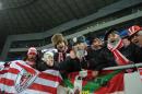 Fans of Athletic Bilbao celebrate the victory of their team during the Champions League Group H soccer match between Athletic Bilbao and FC Shakhtar Donetsk in Lviv, Western Ukraine, Tuesday, Nov. 25, 2014. (AP Photo/Pavlo Palamarchuk)
