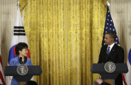 President Barack Obama and South Korean President Park Geun-Hye during their joint news conference in the East Room of the White House in Washington, Tuesday, May 7, 2013. (AP Photo/Pablo Martinez Monsivais)