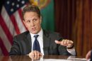 U.S. Treasury Secretary Geithner gestures as he is interviewed in Washington for "Face the Nation"