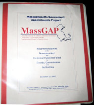 This photo released Wednesday, Oct. 17, 2012 by the Massachusetts Women's Political Caucus shows the cover of a binder produced in 2002 by the Massachusetts Government Appointments Project, listing names of potential female candidates for high-level positions in the state. During the Tuesday night debate against President Barack Obama, Republican presidential candidate, former Massachusetts Gov. Mitt Romney, referred to the MassGAP notebook in saying that he was sent "binders full of women," a comment which touched off a wave of social media parodies. (AP Photo/Massachusetts Women's Political Caucus)